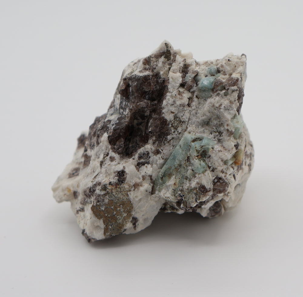 Aquamarine with Mica on Smoky Quartz and Feldspar