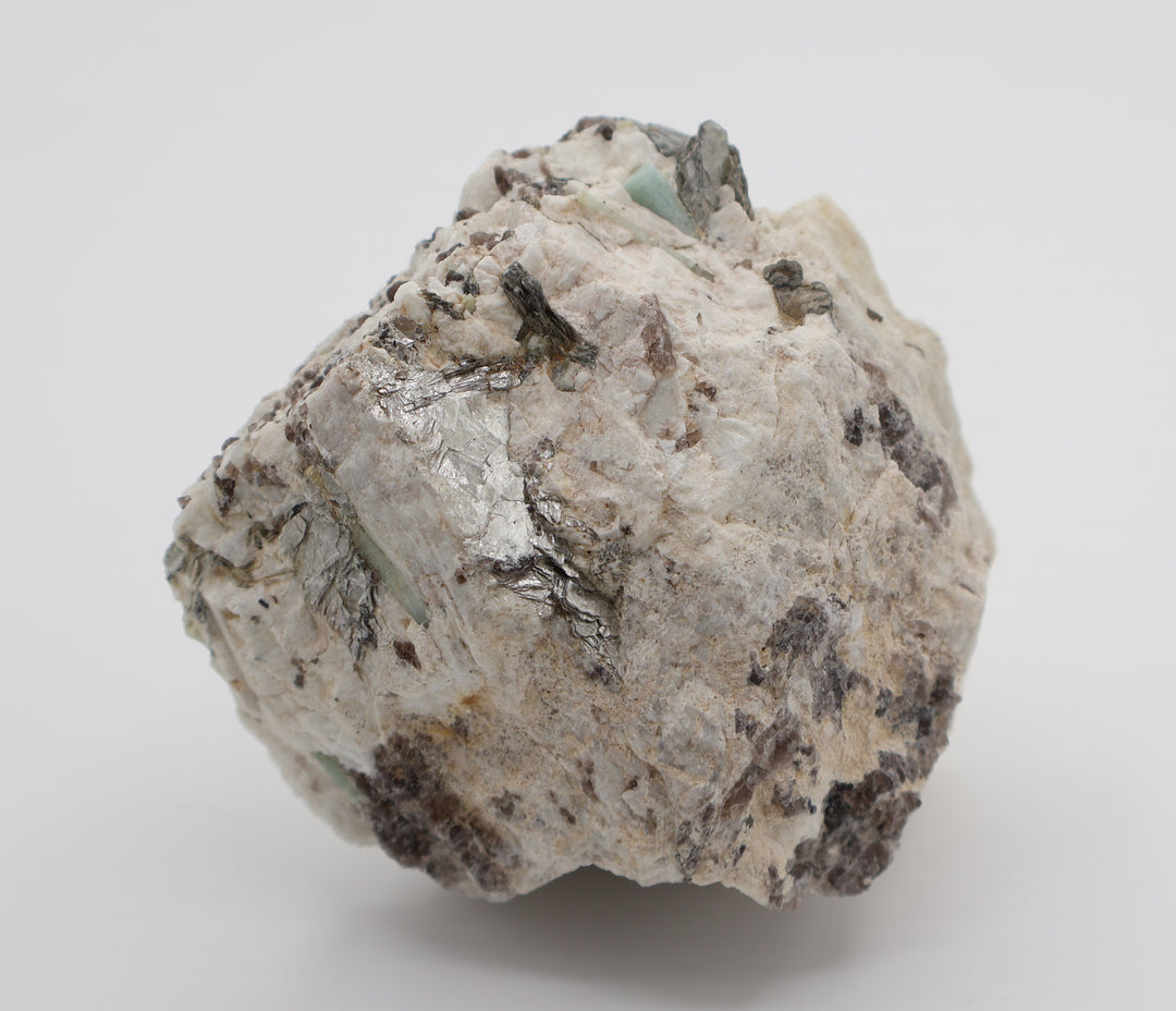 Aquamarine and Bi-Colour Beryl with Mica on Smoky Quartz and Feldspar