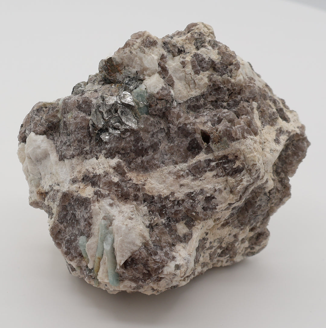 Aquamarine and Bi-Colour Beryl with Mica on Smoky Quartz and Feldspar