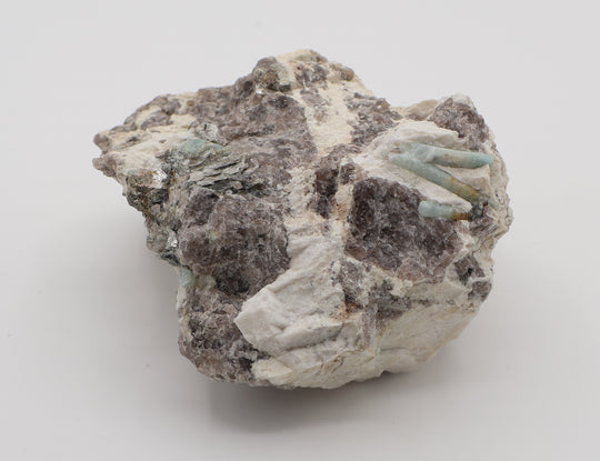 Aquamarine and Bi-Colour Beryl with Mica on Smoky Quartz and Feldspar