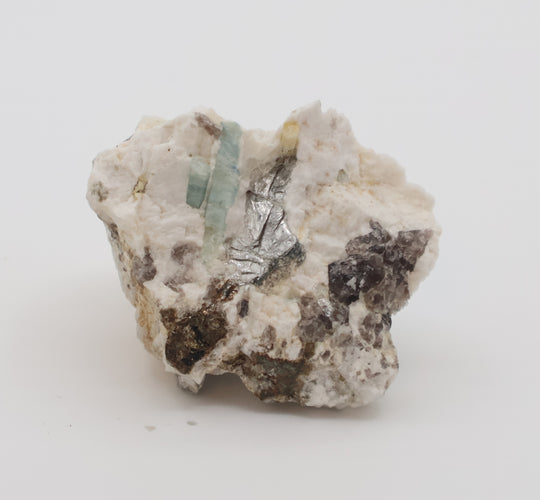 Aquamarine and Heliodor with Mica, Smoky Quartz, on Feldspar