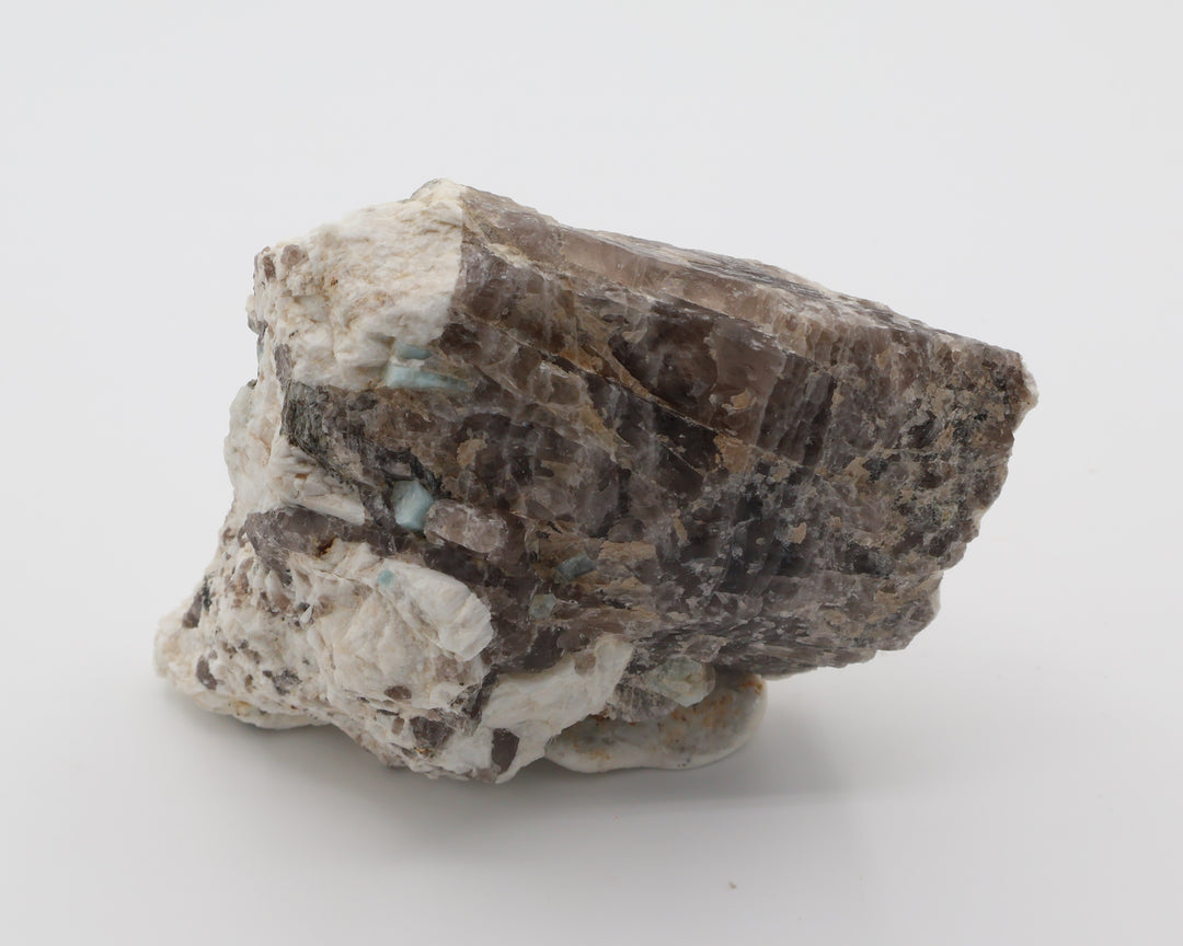 Aquamarine and Bi-Colour Beryl with Mica, Hematite, on Smoky Quartz and Feldspar