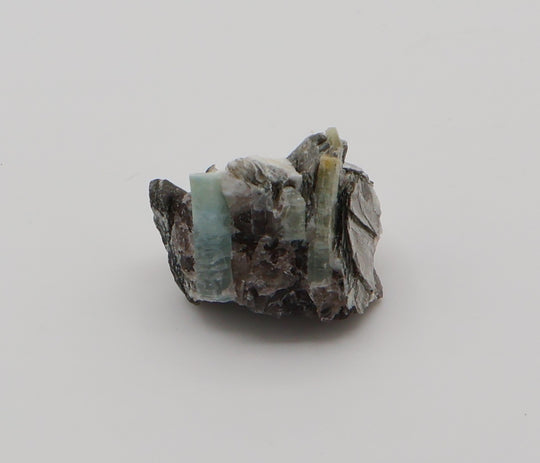 Aquamarine and Bi-Colour Beryl on Mica, Smoky Quartz, Feldspar