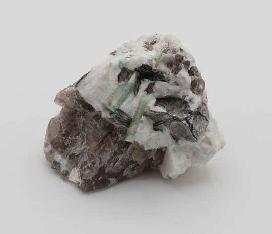 Aquamarine and Bi-Colour Beryl with Spessartine Garnet, Mica, on Smoky Quartz and Feldspar