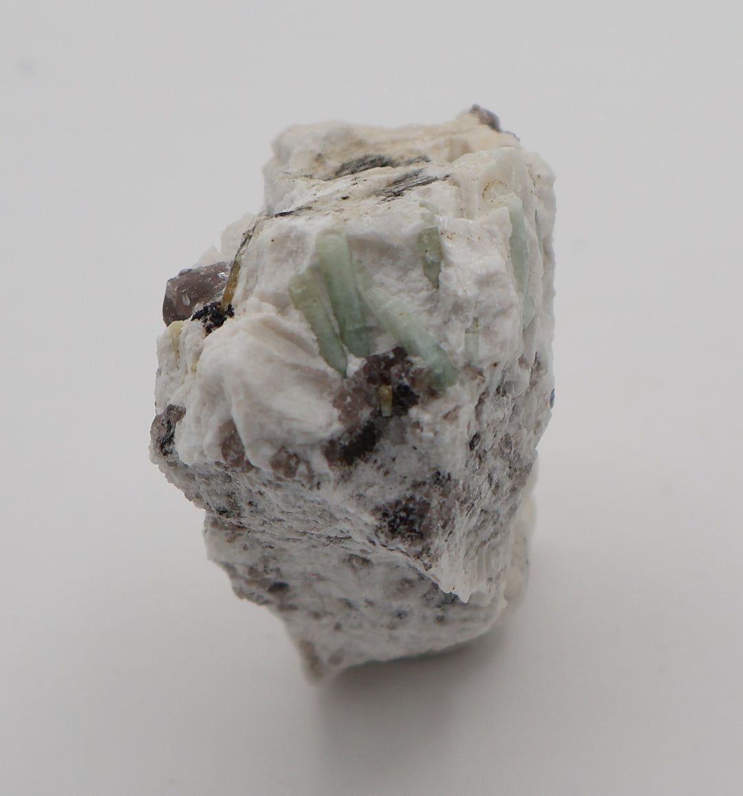 Aquamarine and Heliodor with Hematite, Mica, on Smoky Quartz and Feldspar