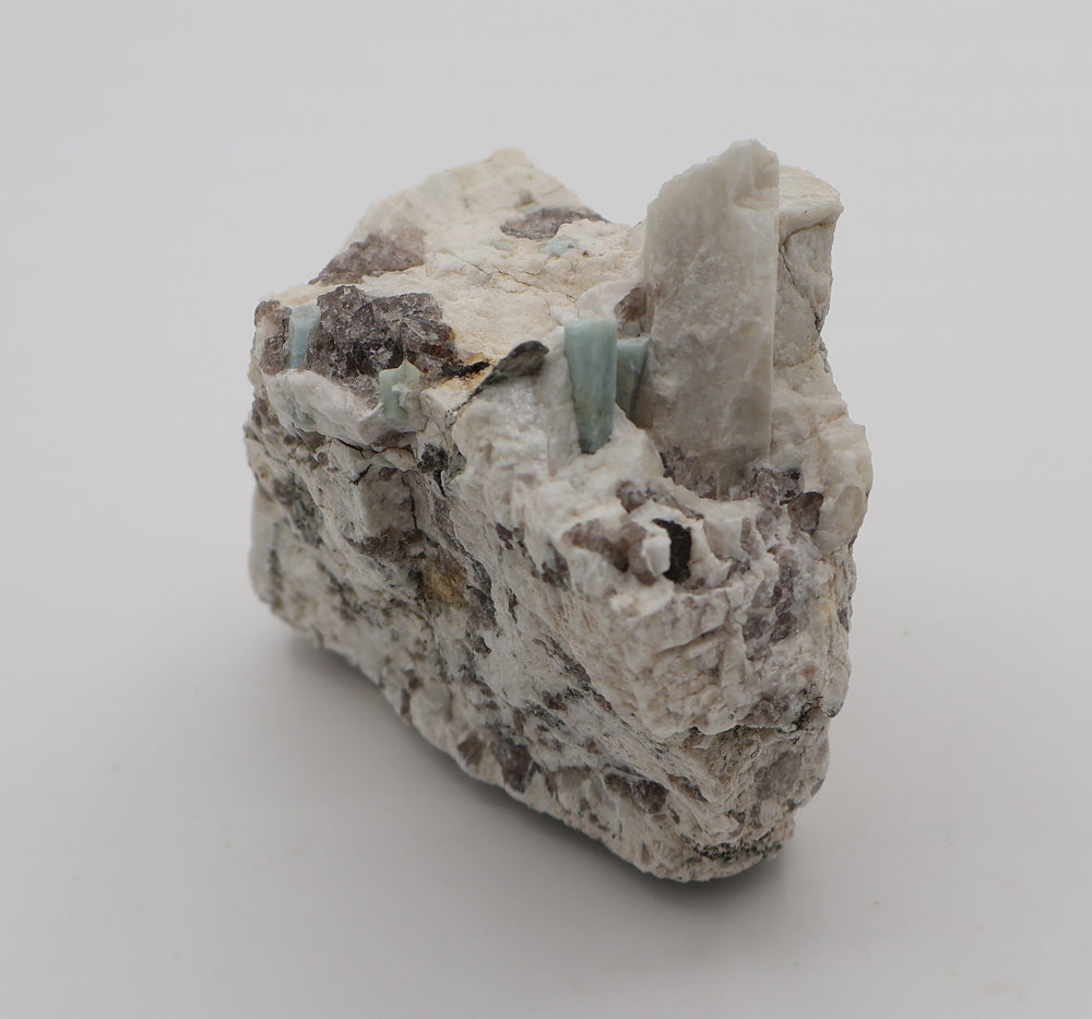 Aquamarine with Mica on Smoky Quartz and Feldspar