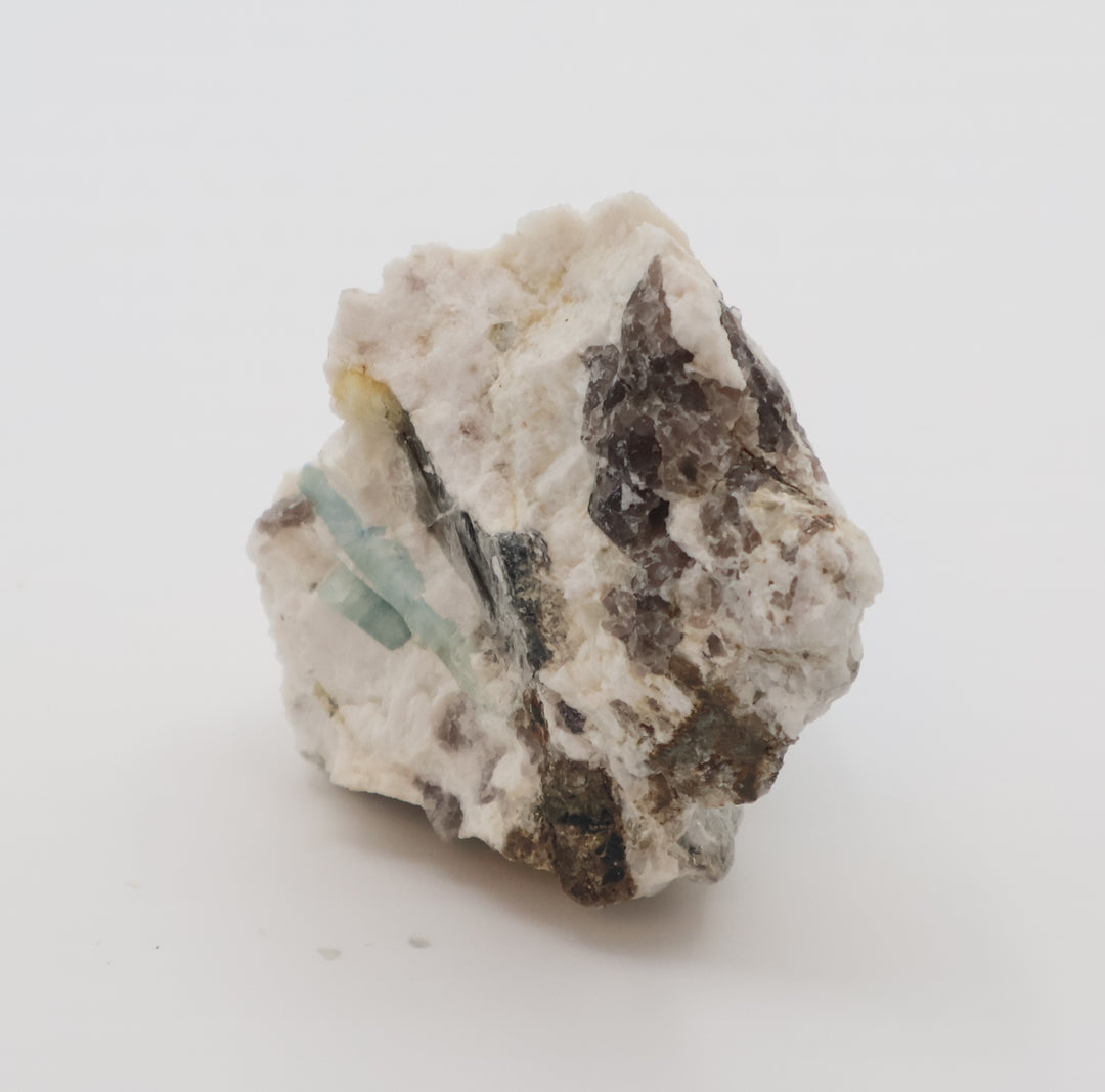 Aquamarine and Heliodor with Mica, Smoky Quartz, on Feldspar